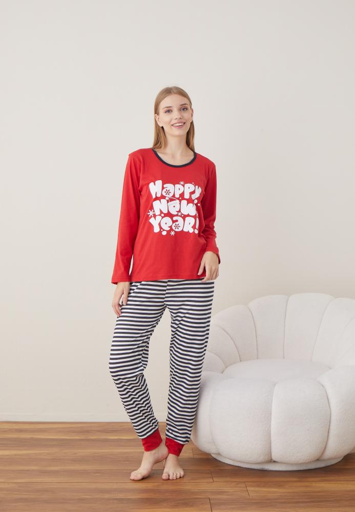 Pijama Dama Craciun "HAPPY NEW YEAR " ,maneca lunga ,pantaloni lungi,Engros